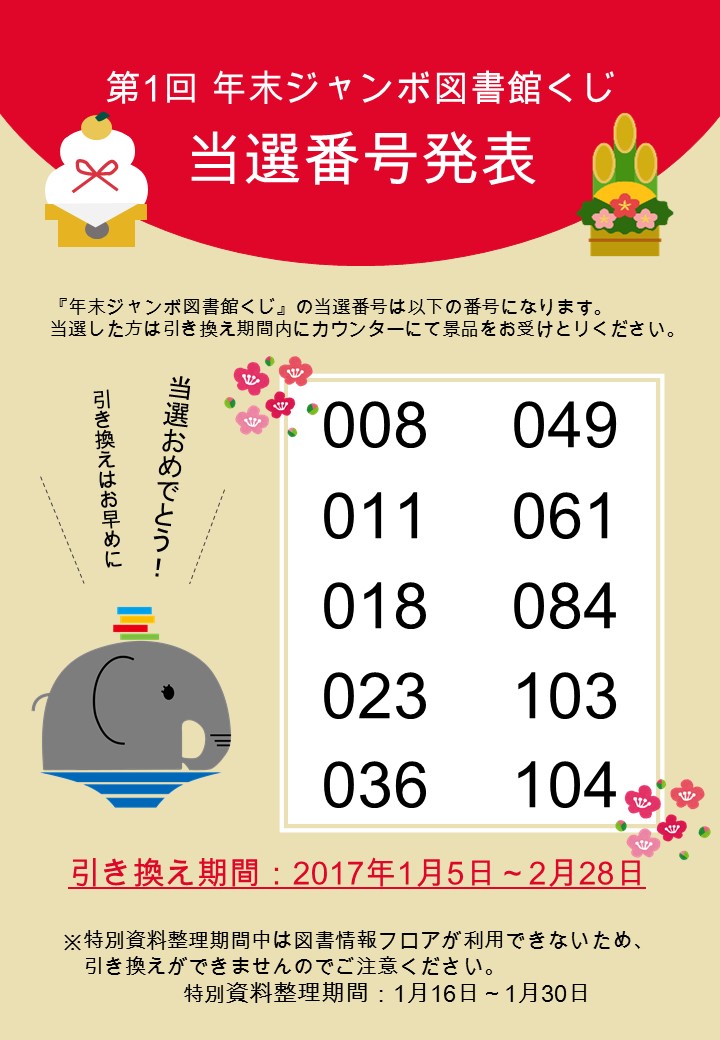 第1回 年末ジャンボ図書館くじ 当選番号発表 お知らせ 恩納村文化情報センター 恩納村博物館 第1回 年末ジャンボ図書館くじ 当選番号発表 お知らせ 恩納村文化情報センター 恩納村博物館
